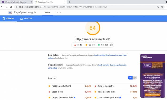 Snacks-desserts.id PageSpeedInsight versi Mobile